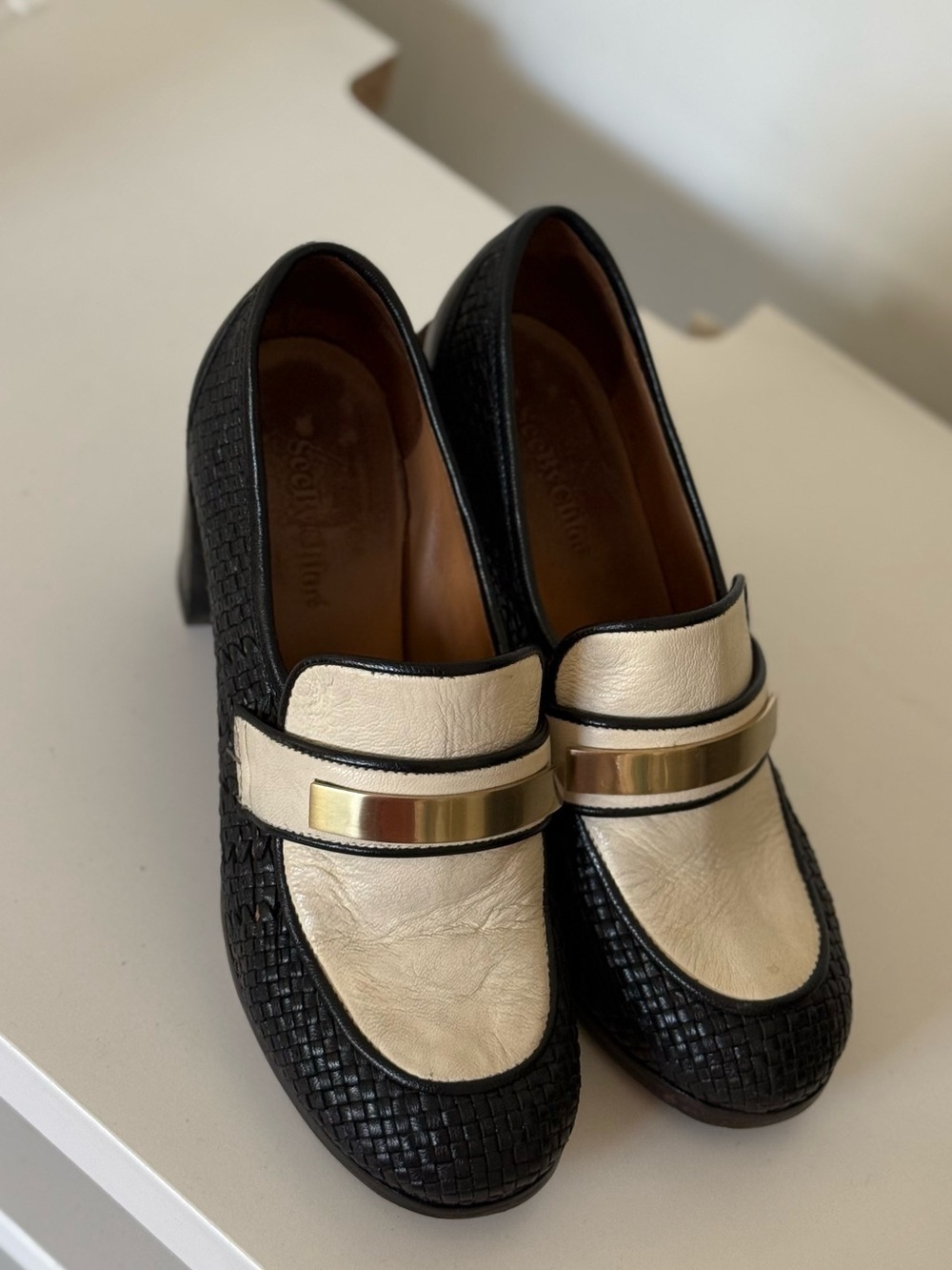 SEE BY CHLOE EU 38 Black and Cream Women's Block Heel Loafers with Gold Accent - Picture 2 of 8